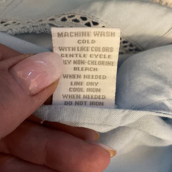 Intro Pale Blue Pleated Crochet 3/4 Sleeve Boho Peasanr Cottage Top PM - Picture 6 of 7